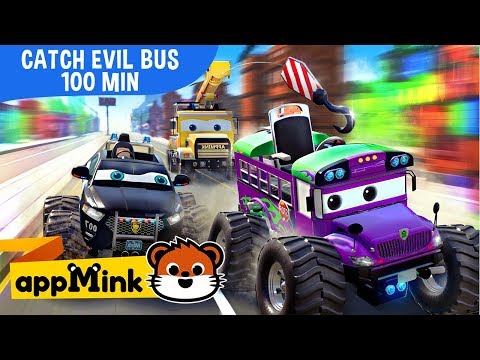 appMink car animation â€“ Fun Cartoon with Police Car, Fire Truck and Helicopter catching Evil Bus